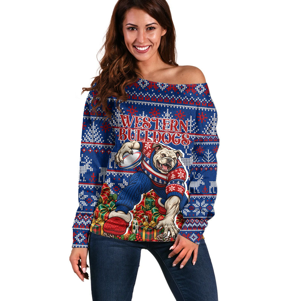 Personalized Western Bulldogs Football Christmas Off Shoulder Sweater Australian Football Mascot - Ugly Xmas Pattern Festive