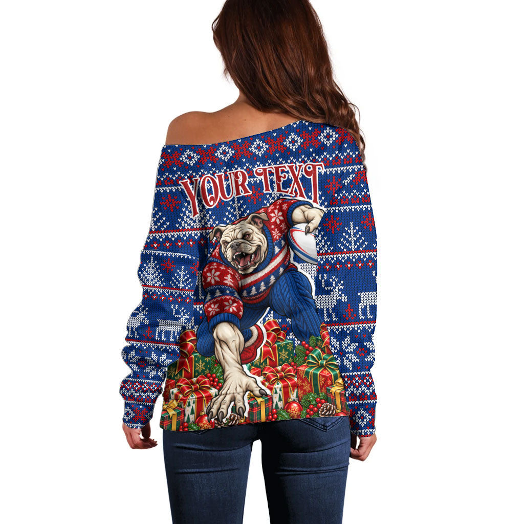 Personalized Western Bulldogs Football Christmas Off Shoulder Sweater Australian Football Mascot - Ugly Xmas Pattern Festive