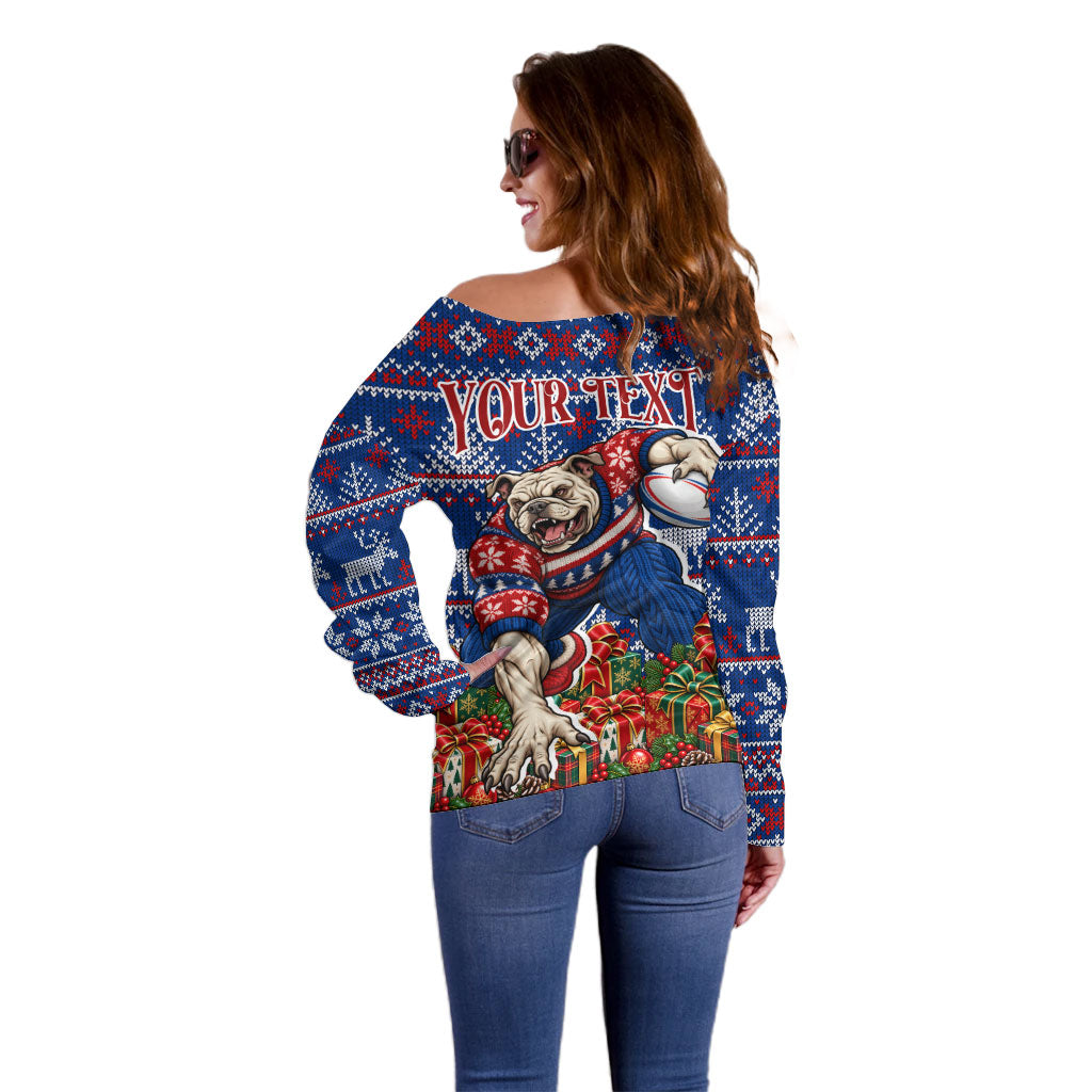 Personalized Western Bulldogs Football Christmas Off Shoulder Sweater Australian Football Mascot - Ugly Xmas Pattern Festive