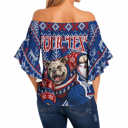 Personalized Western Bulldogs Football Christmas Off Shoulder Wrap Waist Top Australian Football Mascot - Ugly Xmas Pattern Festive
