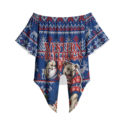 Personalized Western Bulldogs Football Christmas Off Shoulder Wrap Waist Top Australian Football Mascot - Ugly Xmas Pattern Festive