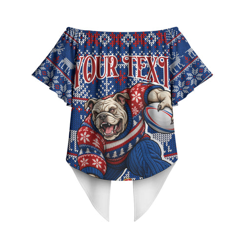 Personalized Western Bulldogs Football Christmas Off Shoulder Wrap Waist Top Australian Football Mascot - Ugly Xmas Pattern Festive