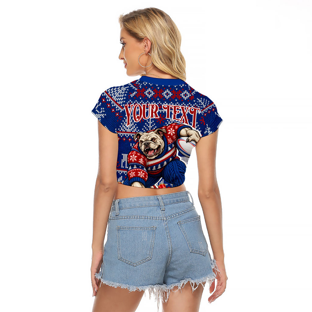 Personalized Western Bulldogs Football Christmas Raglan Cropped T Shirt Australian Football Mascot - Ugly Xmas Pattern Festive