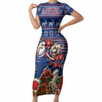 Personalized Western Bulldogs Football Christmas Short Sleeve Bodycon Dress Australian Football Mascot - Ugly Xmas Pattern Festive