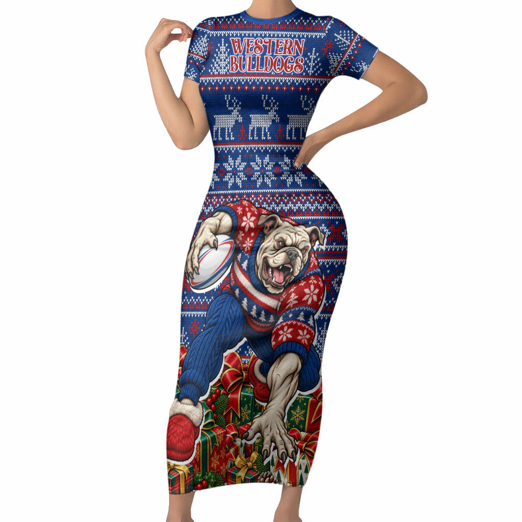 Personalized Western Bulldogs Football Christmas Short Sleeve Bodycon Dress Australian Football Mascot - Ugly Xmas Pattern Festive