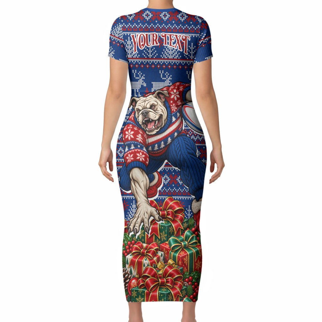 Personalized Western Bulldogs Football Christmas Short Sleeve Bodycon Dress Australian Football Mascot - Ugly Xmas Pattern Festive