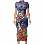Personalized Western Bulldogs Football Christmas Short Sleeve Bodycon Dress Australian Football Mascot - Ugly Xmas Pattern Festive