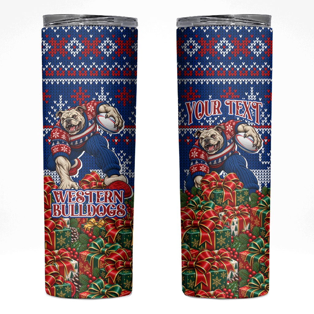 Personalized Western Bulldogs Football Christmas Skinny Tumbler Australian Football Mascot - Ugly Xmas Pattern Festive