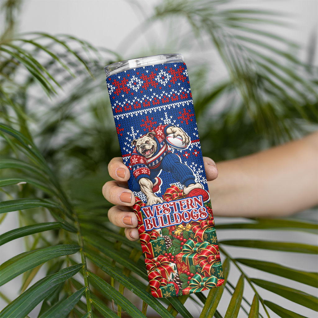 Personalized Western Bulldogs Football Christmas Skinny Tumbler Australian Football Mascot - Ugly Xmas Pattern Festive