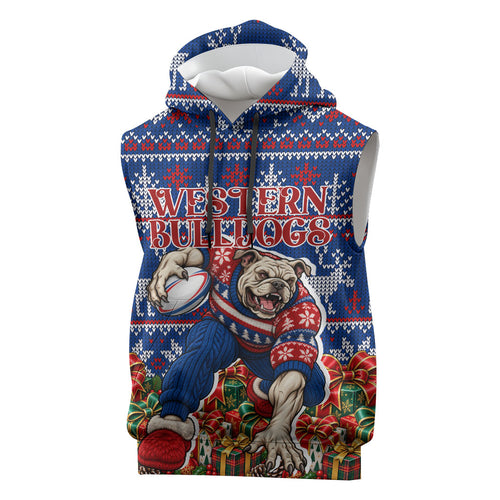 Personalized Western Bulldogs Football Christmas Sleeveless Hoodie Australian Football Mascot - Ugly Xmas Pattern Festive