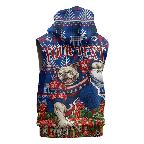 Personalized Western Bulldogs Football Christmas Sleeveless Hoodie Australian Football Mascot - Ugly Xmas Pattern Festive