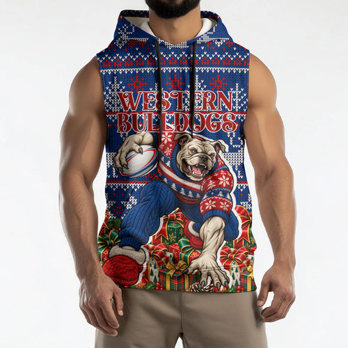 Personalized Western Bulldogs Football Christmas Sleeveless Hoodie Australian Football Mascot - Ugly Xmas Pattern Festive