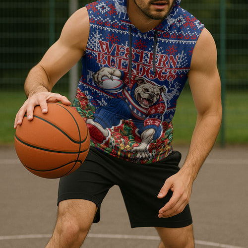 Personalized Western Bulldogs Football Christmas Sleeveless Hoodie Australian Football Mascot - Ugly Xmas Pattern Festive