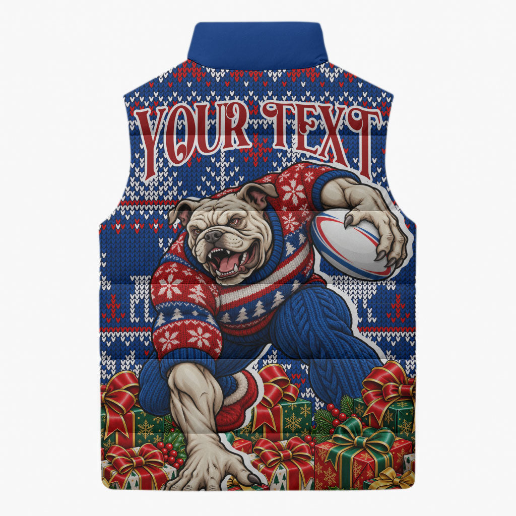 Personalized Western Bulldogs Football Christmas Sleeveless Puffer Jacket Australian Football Mascot - Ugly Xmas Pattern Festive