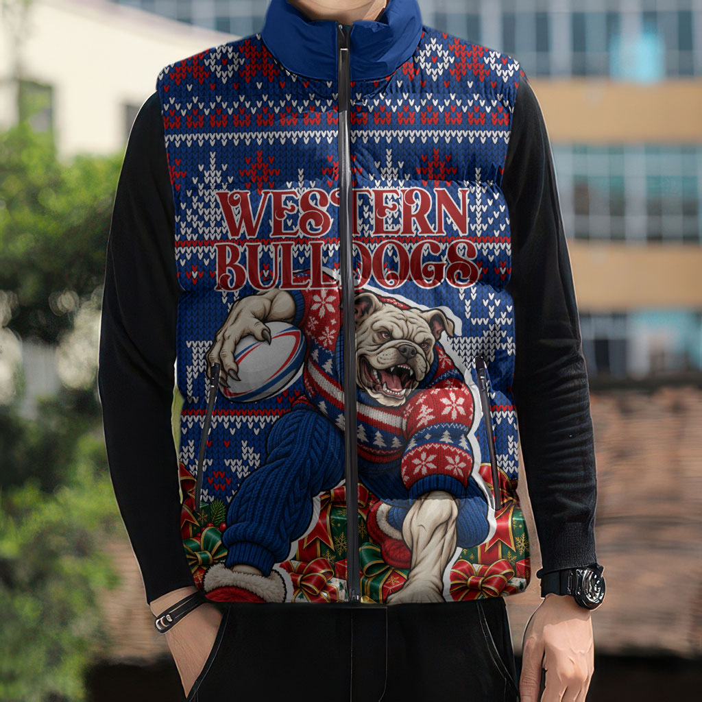 Personalized Western Bulldogs Football Christmas Sleeveless Puffer Jacket Australian Football Mascot - Ugly Xmas Pattern Festive