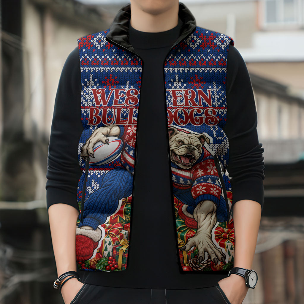 Personalized Western Bulldogs Football Christmas Sleeveless Puffer Jacket Australian Football Mascot - Ugly Xmas Pattern Festive