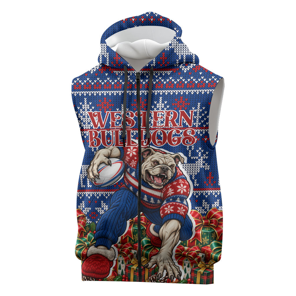 Personalized Western Bulldogs Football Christmas Sleeveless Zip Hoodie Australian Football Mascot - Ugly Xmas Pattern Festive
