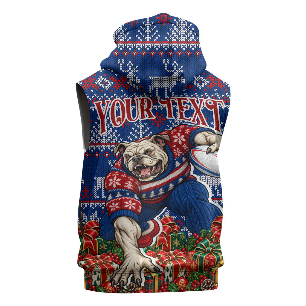 Personalized Western Bulldogs Football Christmas Sleeveless Zip Hoodie Australian Football Mascot - Ugly Xmas Pattern Festive