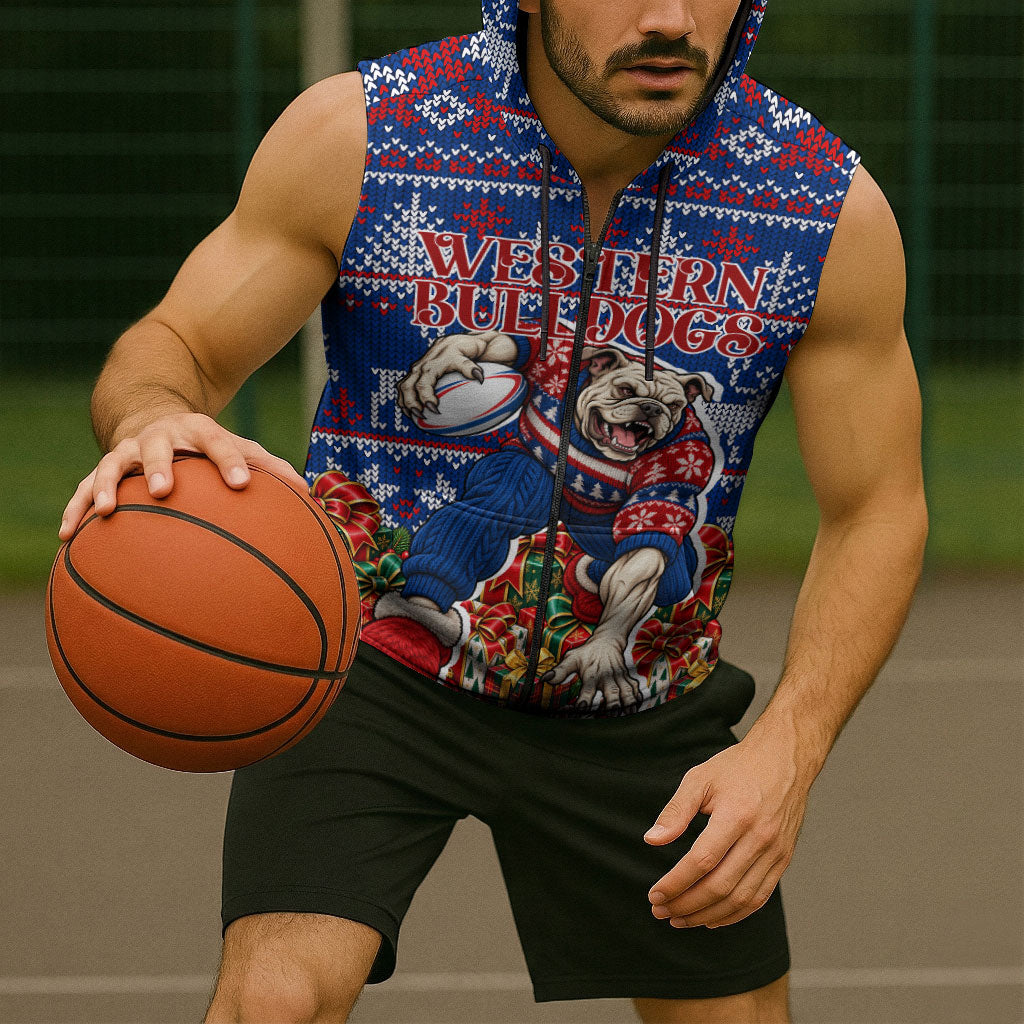 Personalized Western Bulldogs Football Christmas Sleeveless Zip Hoodie Australian Football Mascot - Ugly Xmas Pattern Festive