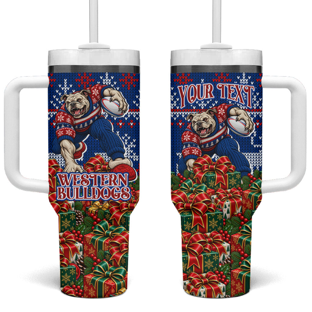 Personalized Western Bulldogs Football Christmas Tumbler With Handle Australian Football Mascot - Ugly Xmas Pattern Festive