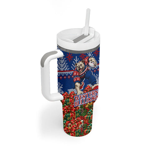 Personalized Western Bulldogs Football Christmas Tumbler With Handle Australian Football Mascot - Ugly Xmas Pattern Festive