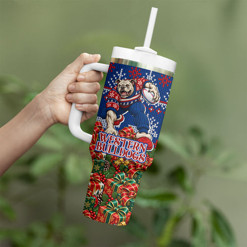 Personalized Western Bulldogs Football Christmas Tumbler With Handle Australian Football Mascot - Ugly Xmas Pattern Festive