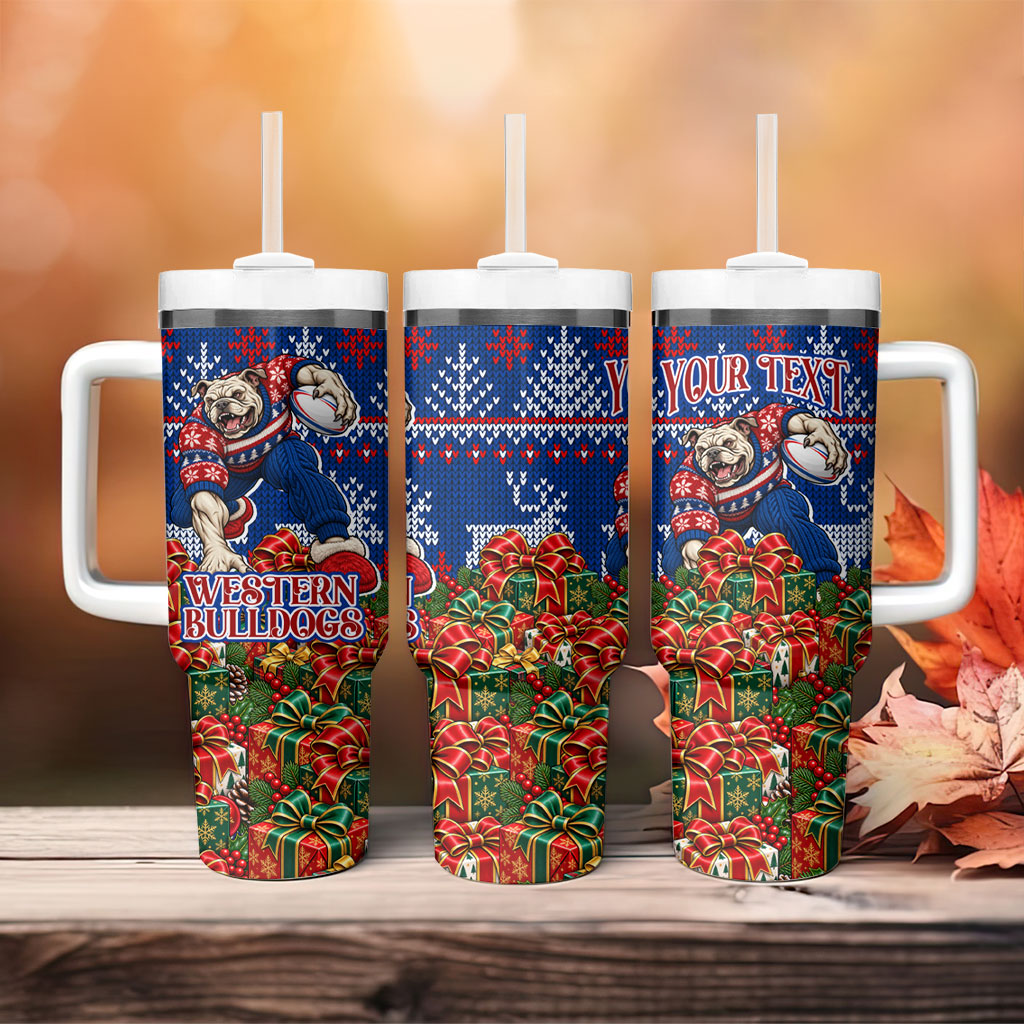 Personalized Western Bulldogs Football Christmas Tumbler With Handle Australian Football Mascot - Ugly Xmas Pattern Festive