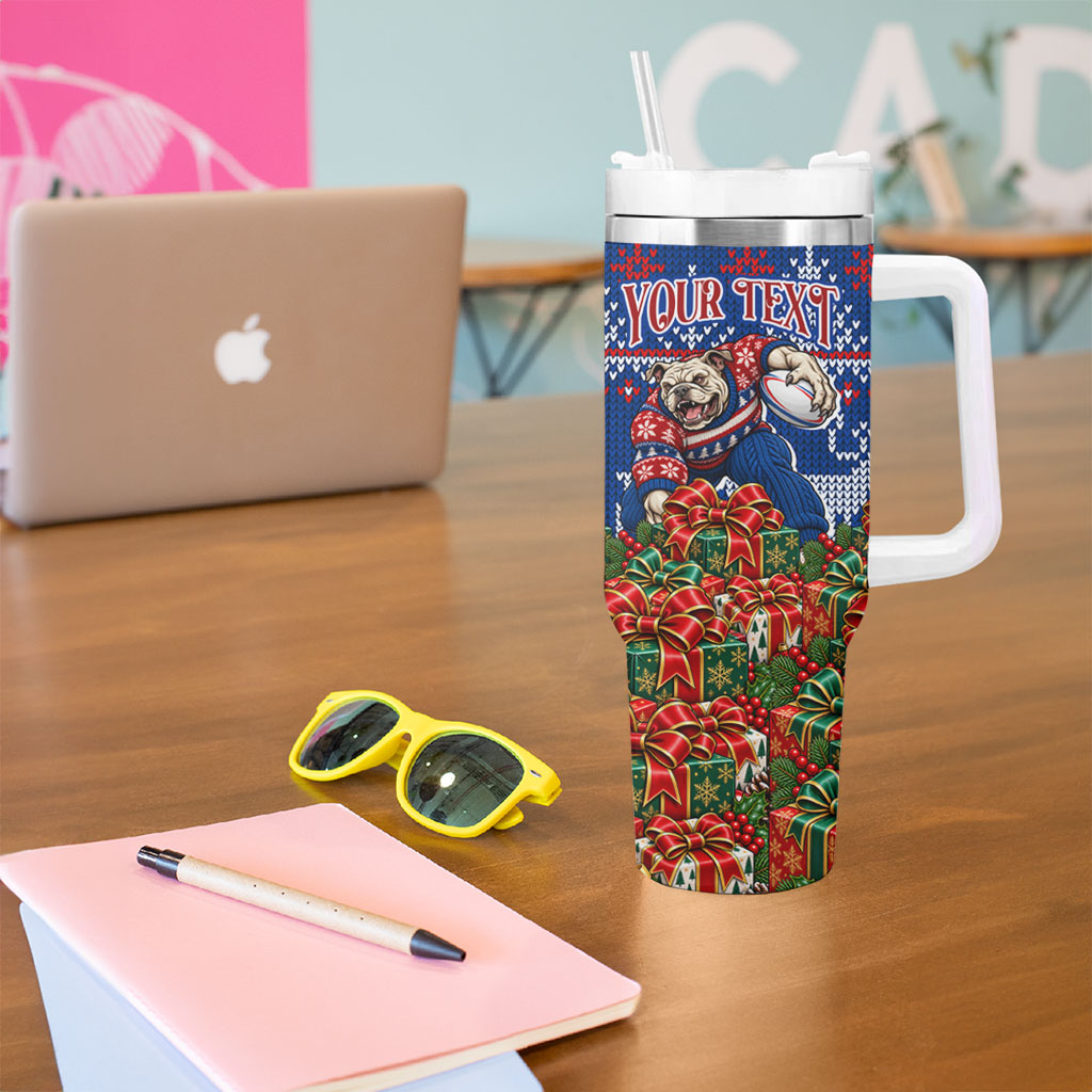 Personalized Western Bulldogs Football Christmas Tumbler With Handle Australian Football Mascot - Ugly Xmas Pattern Festive