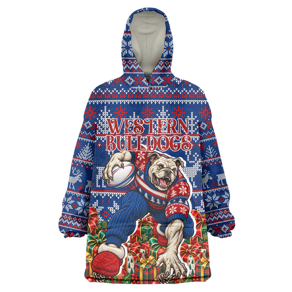 Personalized Western Bulldogs Football Christmas Wearable Blanket Hoodie Australian Football Mascot - Ugly Xmas Pattern Festive