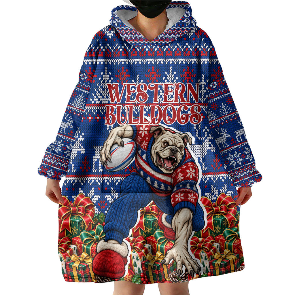 Personalized Western Bulldogs Football Christmas Wearable Blanket Hoodie Australian Football Mascot - Ugly Xmas Pattern Festive
