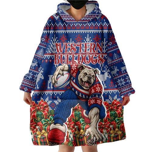 Personalized Western Bulldogs Football Christmas Wearable Blanket Hoodie Australian Football Mascot - Ugly Xmas Pattern Festive