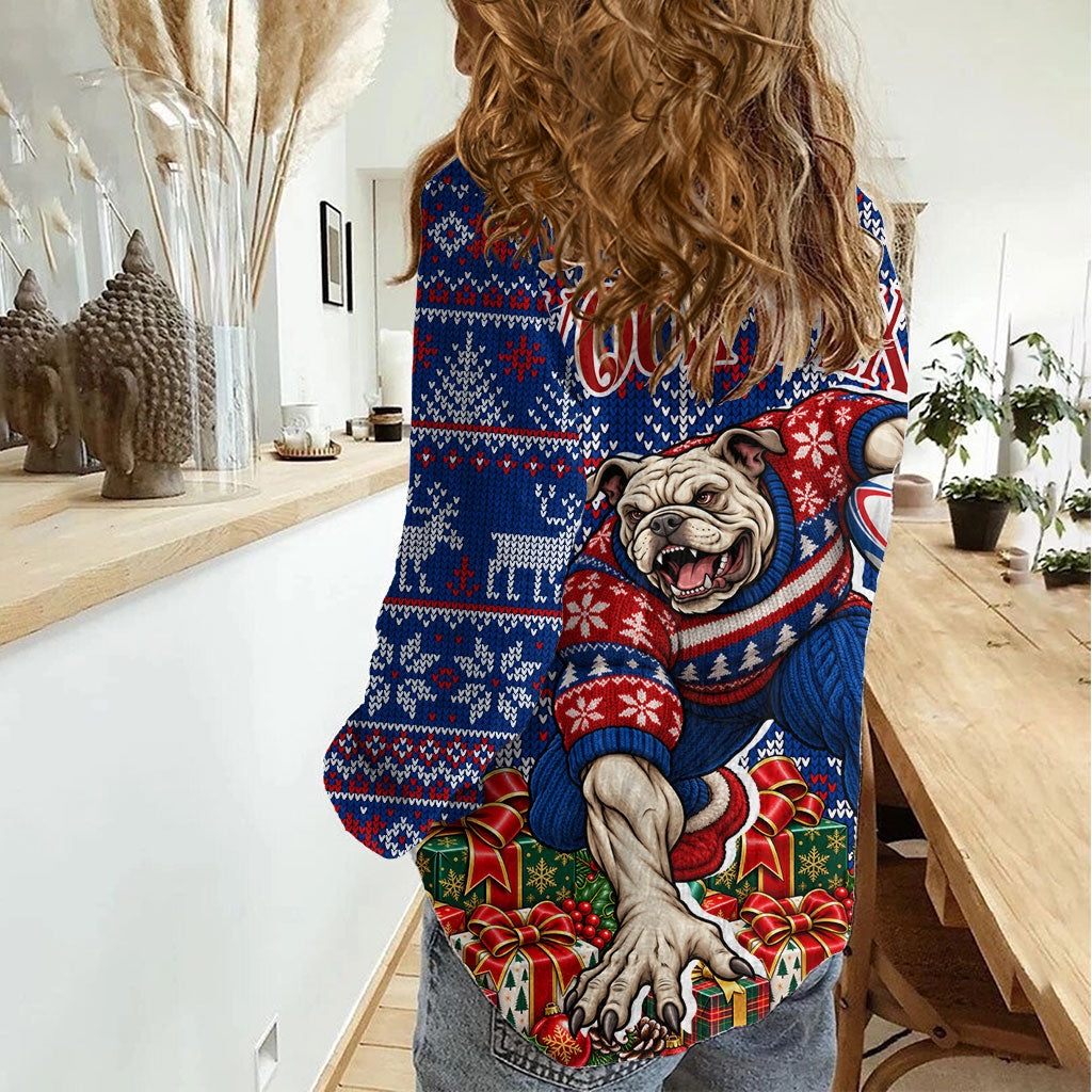 Personalized Western Bulldogs Football Christmas Women Casual Shirt Australian Football Mascot - Ugly Xmas Pattern Festive