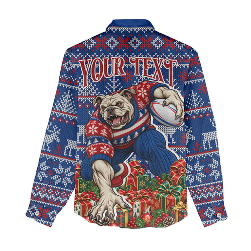 Personalized Western Bulldogs Football Christmas Women Casual Shirt Australian Football Mascot - Ugly Xmas Pattern Festive