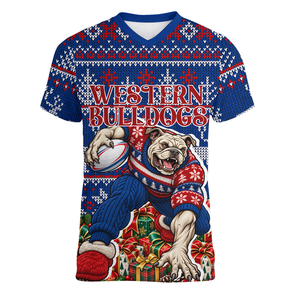 Personalized Western Bulldogs Football Christmas Women V-Neck T-Shirt Australian Football Mascot - Ugly Xmas Pattern Festive