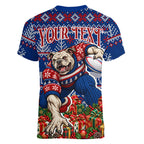 Personalized Western Bulldogs Football Christmas Women V-Neck T-Shirt Australian Football Mascot - Ugly Xmas Pattern Festive