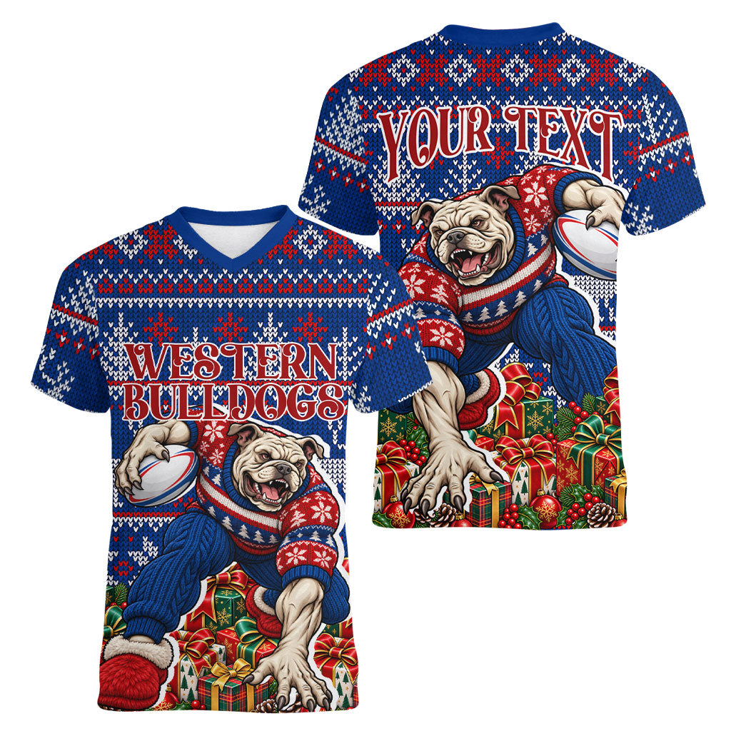 Personalized Western Bulldogs Football Christmas Women V-Neck T-Shirt Australian Football Mascot - Ugly Xmas Pattern Festive