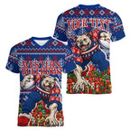 Personalized Western Bulldogs Football Christmas Women V-Neck T-Shirt Australian Football Mascot - Ugly Xmas Pattern Festive
