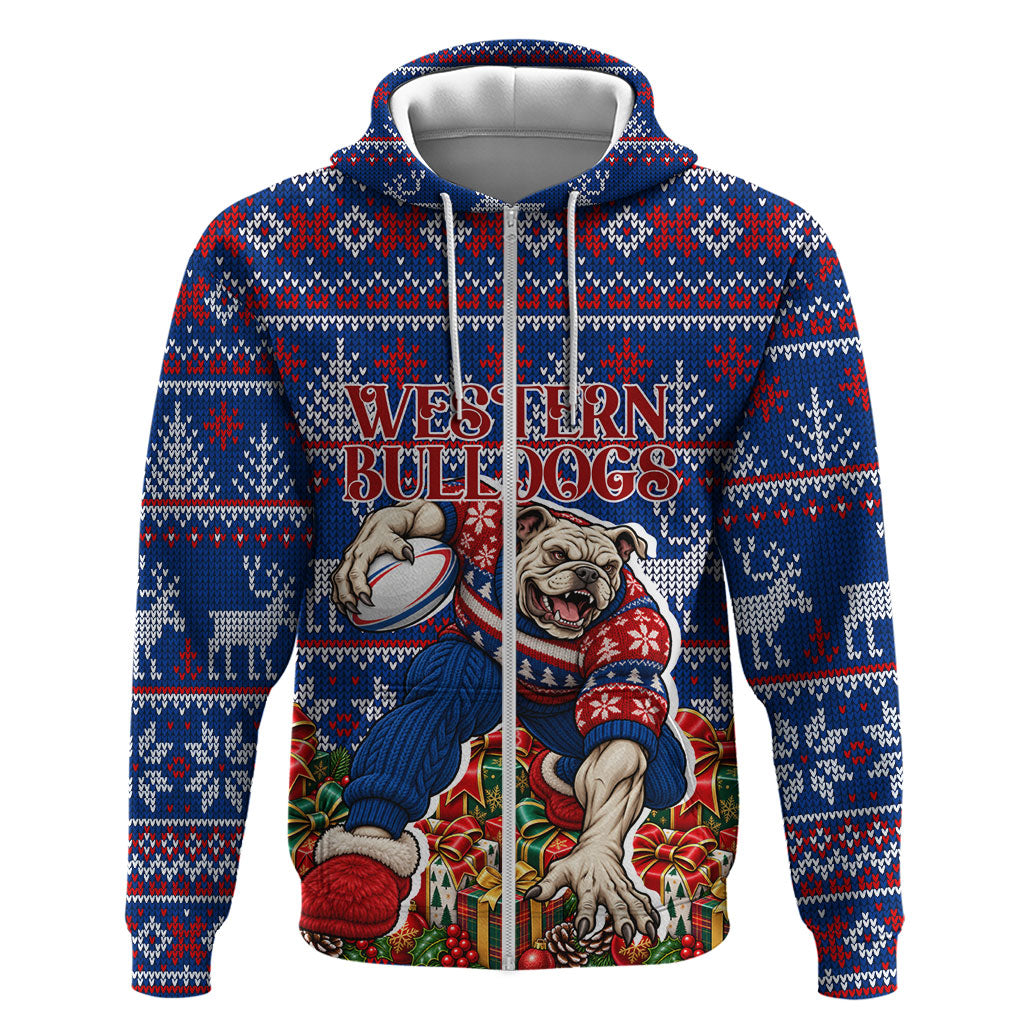 Personalized Western Bulldogs Football Christmas Zip Hoodie Australian Football Mascot - Ugly Xmas Pattern Festive