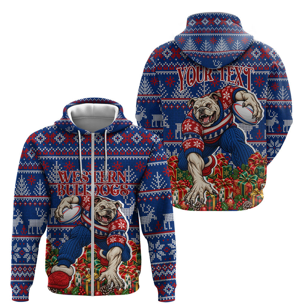 Personalized Western Bulldogs Football Christmas Zip Hoodie Australian Football Mascot - Ugly Xmas Pattern Festive