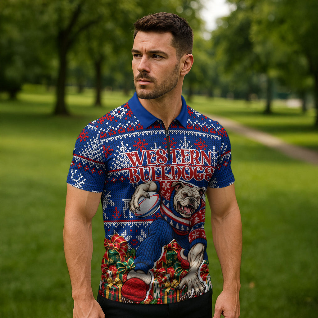Personalized Western Bulldogs Football Christmas Zipper Polo Shirt Australian Football Mascot - Ugly Xmas Pattern Festive