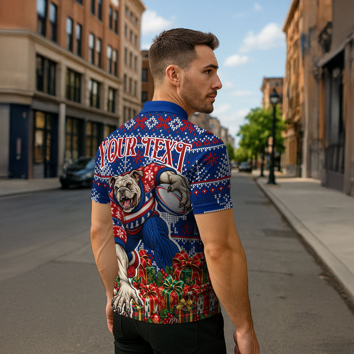 Personalized Western Bulldogs Football Christmas Zipper Polo Shirt Australian Football Mascot - Ugly Xmas Pattern Festive