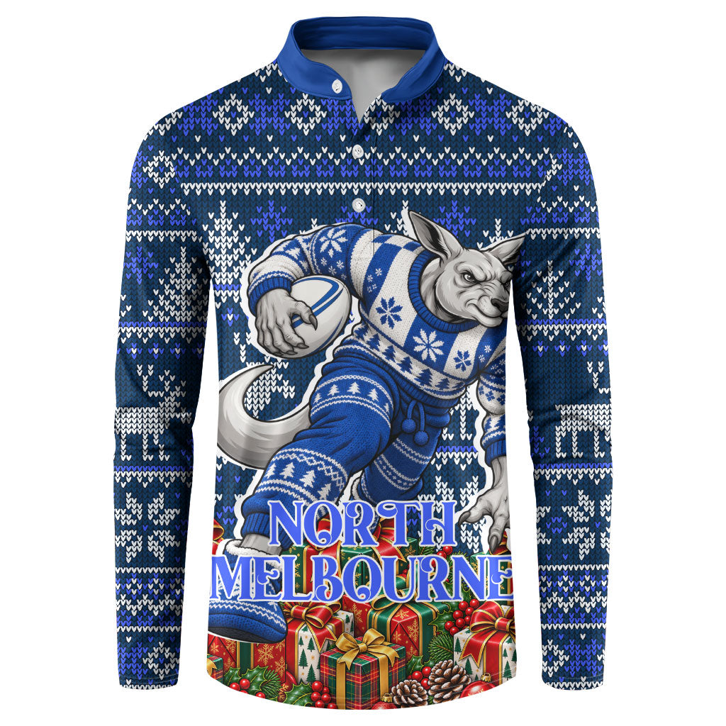 Personalized North Melbourne Football Christmas Button Sweatshirt Australian Football Mascot - Ugly Xmas Pattern Festive