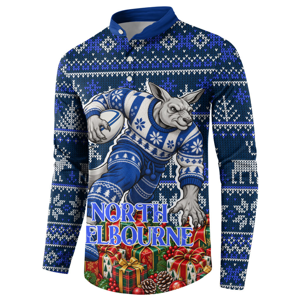 Personalized North Melbourne Football Christmas Button Sweatshirt Australian Football Mascot - Ugly Xmas Pattern Festive
