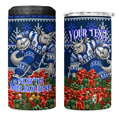 Personalized North Melbourne Football Christmas 4 in 1 Can Cooler Tumbler Australian Football Mascot - Ugly Xmas Pattern Festive