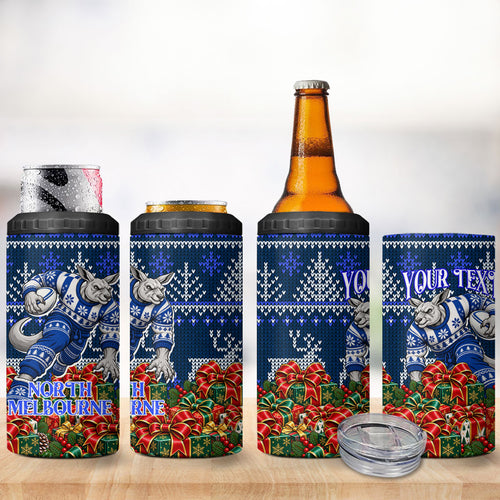 Personalized North Melbourne Football Christmas 4 in 1 Can Cooler Tumbler Australian Football Mascot - Ugly Xmas Pattern Festive