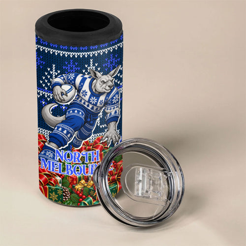 Personalized North Melbourne Football Christmas 4 in 1 Can Cooler Tumbler Australian Football Mascot - Ugly Xmas Pattern Festive