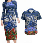 Personalized North Melbourne Football Christmas Couples Matching Long Sleeve Bodycon Dress and Hawaiian Shirt Australian Football Mascot - Ugly Xmas Pattern Festive