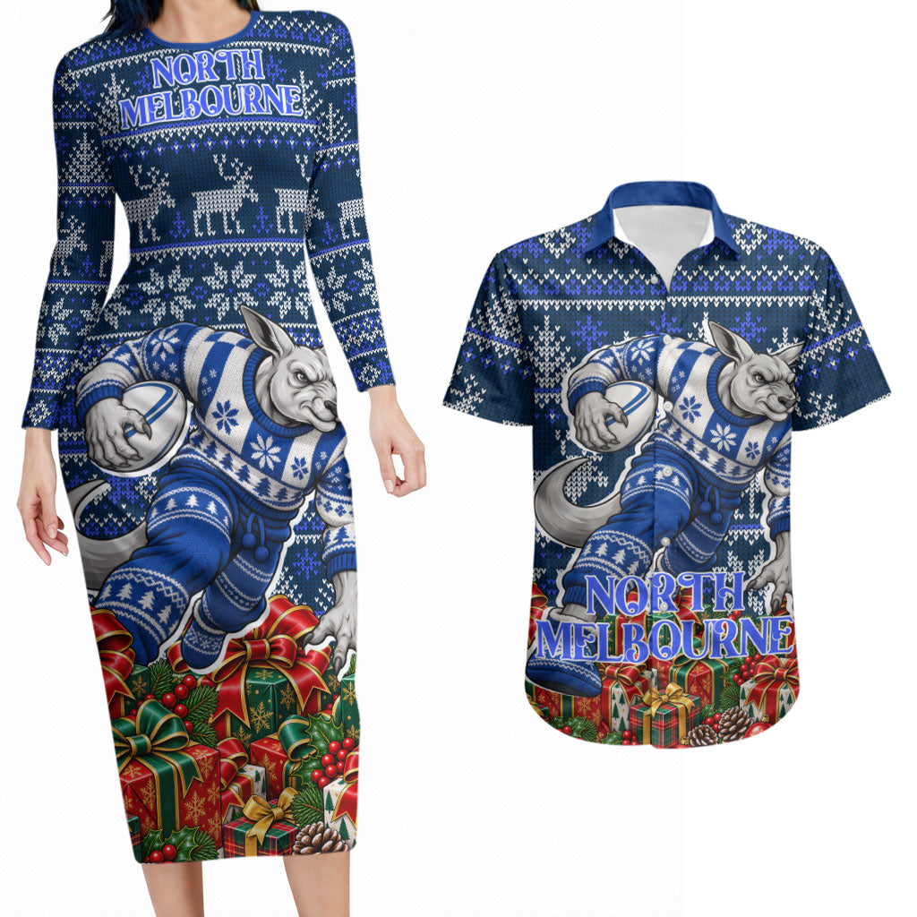 Personalized North Melbourne Football Christmas Couples Matching Long Sleeve Bodycon Dress and Hawaiian Shirt Australian Football Mascot - Ugly Xmas Pattern Festive