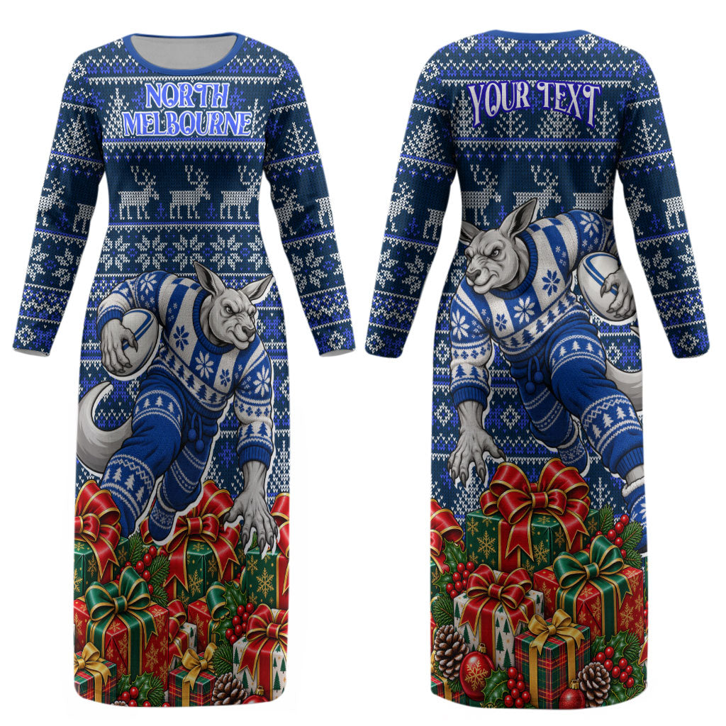 Personalized North Melbourne Football Christmas Couples Matching Long Sleeve Bodycon Dress and Hawaiian Shirt Australian Football Mascot - Ugly Xmas Pattern Festive
