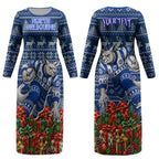Personalized North Melbourne Football Christmas Couples Matching Long Sleeve Bodycon Dress and Hawaiian Shirt Australian Football Mascot - Ugly Xmas Pattern Festive